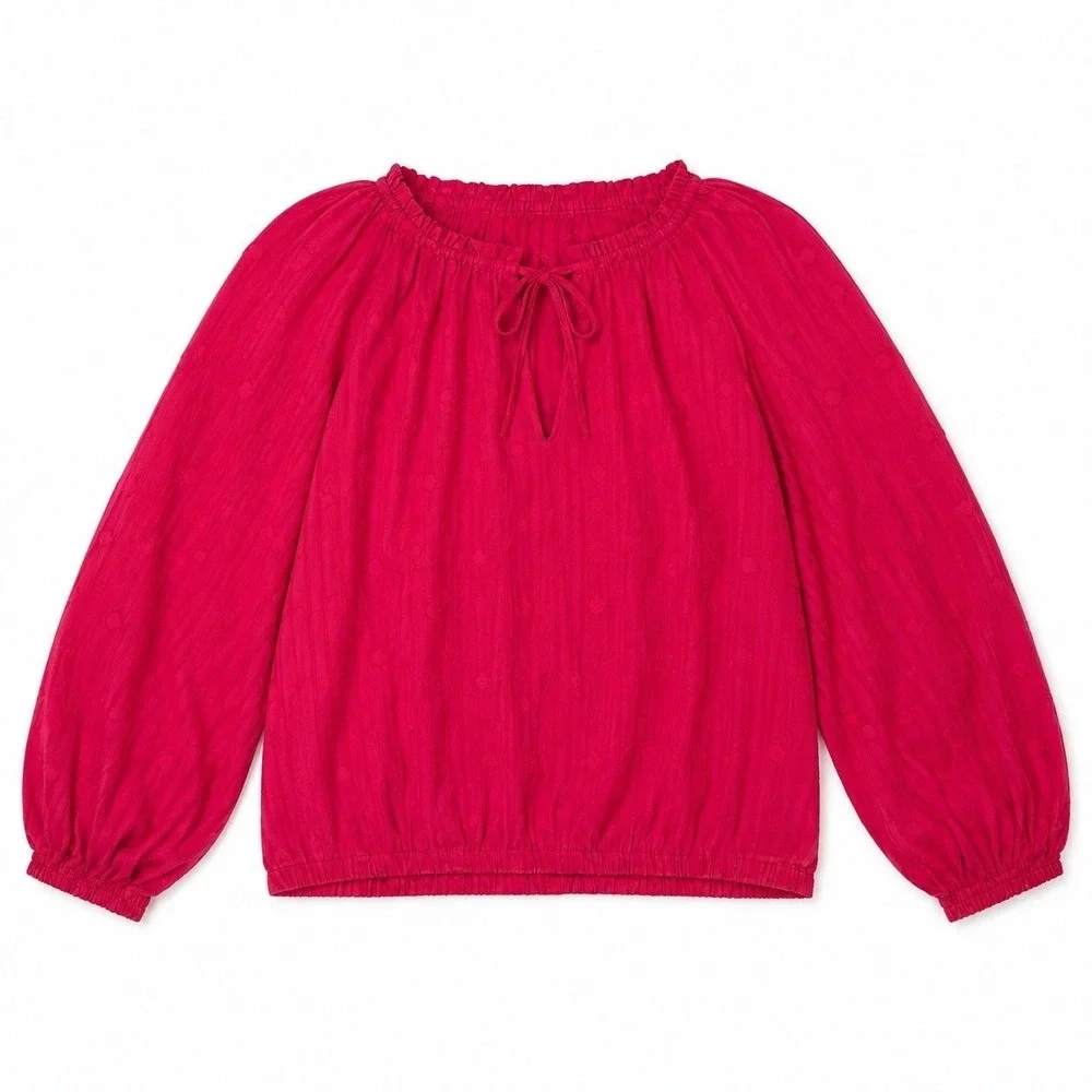 Michael Kors Deep Pink Clip Dot Blouse Long Sleeve Smocked Hem QT6410NL Womens M